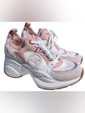 MICHAEL KORS Zuma Trainer Sneakers Empire Signature Logo & Mesh Pink White 7.5
